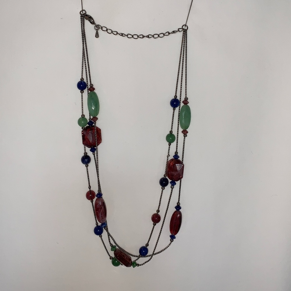 3-Strand Necklace (Green/Blue/Burgundy) - 19"Long